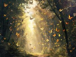 AI generated A forest scene with many butterflies flying around photo