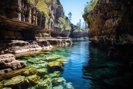 ai generado hermosa paisaje con rocas, río y bosque. generado por artificial inteligencia foto