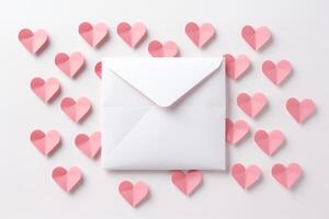 AI generated White paper envelope on paper hearts. Generated by artificial intelligence photo