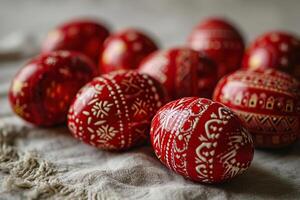 AI generated Red Easter eggs with a white pattern lie on burlap. Close-up shot. Easter background. Generative AI photo