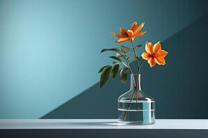 AI generated Orange lilies in a glass vase against a blue wall. Minimalism. Generated by artificial intelligence photo