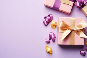 AI generated Congratulatory background with purple gift box, gold ribbon and space for text on the left. Generated by artificial intelligence photo