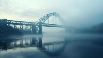 ai generado un hermosa puente con arcos terminado el agua en grueso Mañana niebla. generado por artificial inteligencia foto