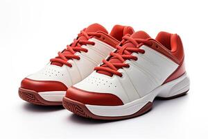 ai generado un par de Deportes tenis Zapatos en rojo y blanco en un blanco antecedentes. generado por artificial inteligencia foto
