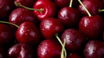 Cherry fruit, cherry background, ripe cherry fruit, red cherry, closeup of cherries with drops water video