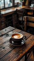 ai generado negro taza lleno con café en un de madera mesa dentro un café con un borroso antecedentes foto