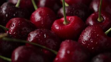 Cereza fruta, Cereza fondo, maduro Cereza fruta, rojo cereza, de cerca de cerezas con gotas agua video