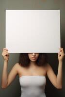 AI generated mockup women holding blank frame photo