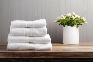 AI generated white fresh towel on bed hotel room photo