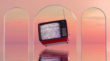 water surrealistische zonsondergang podium portaal met een rood televisie drijvend video