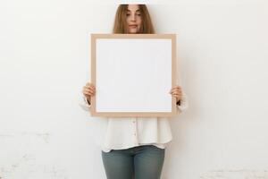 AI generated mockup women holding blank frame photo