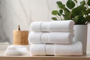 AI generated white fresh towel on bed hotel room photo
