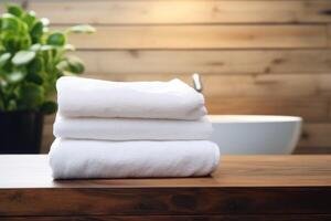 AI generated white fresh towel on bed hotel room photo