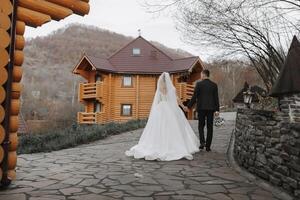 Handsome groom and charming bride are walking together near modern wooden houses in the park. Magnificent dress with a long train photo