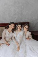 retrato de el novia con su amigos. elegante y elegante novia con su amigos en pareo vestidos en el habitación en el Mañana. muchos hermosa muchachas en uno foto. foto