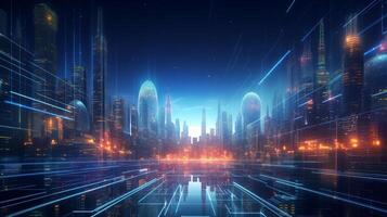 AI generated futuristic cityscape with lights and buildings. AI generated image Pro Photo