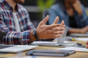 AI generated Close Up Hand Gestures Man Explaining in Meeting photo