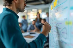 AI generated man writes business strategy on whiteboard with blurry background of team in meeting photo