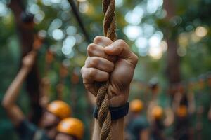 AI generated Close Up of Hand Holding Tight Rope, Teamwork Training Concept Background photo