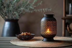 AI generated Festive Ramadan Table Decor with Dates and Lanterns on Wood photo