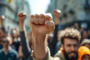 ai generado de cerca manos apretado hacia arriba a protesta, luchando para justicia foto