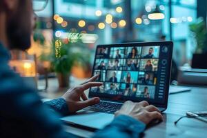 ai generado hombre teniendo virtual reunión en ordenador portátil con borroso antecedentes foto