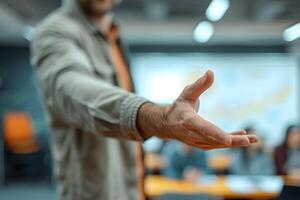 AI generated Welcoming Gesture Close Up of Man Hand Joining Business Team photo