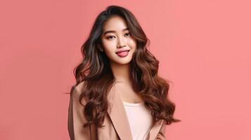 AI generated asian woman in business suit with pink background, ai photo