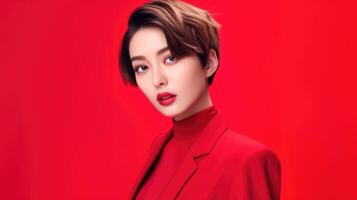 AI generated asian woman in business suit with red background, ai photo