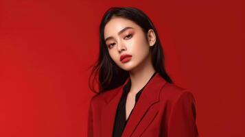 ai generado asiático mujer en negocio traje con rojo fondo, ai foto