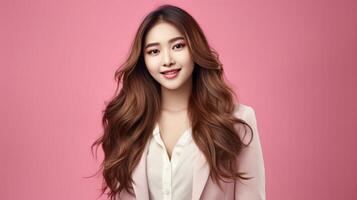 AI generated asian woman in business suit with pink background, ai photo