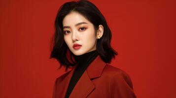 AI generated asian woman in business suit with red background, ai photo