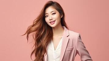 AI generated asian woman in business suit with pink background, ai photo