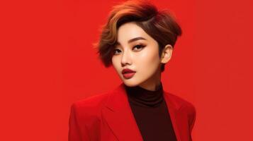 AI generated asian woman in business suit with red background, ai photo