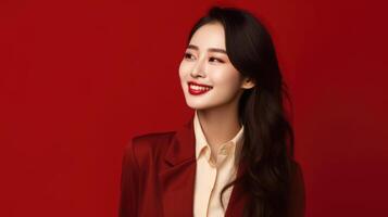 AI generated asian woman in business suit with red background, ai photo