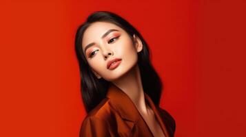 AI generated asian woman in business suit with red background, ai photo