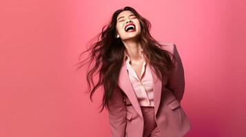 AI generated asian woman in business suit with pink background, ai photo