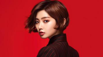AI generated asian woman in business suit with red background, ai photo