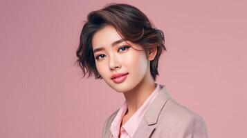 AI generated asian woman in business suit with pink background, ai photo