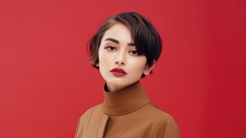 AI generated asian woman in business suit with red background, ai photo