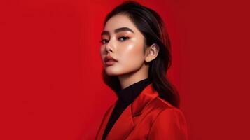 AI generated asian woman in business suit with red background, ai photo