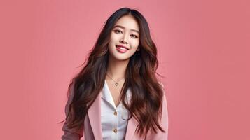 AI generated asian woman in business suit with pink background, ai photo