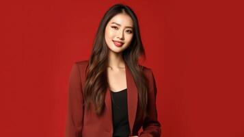 AI generated asian woman in business suit with red background, ai photo