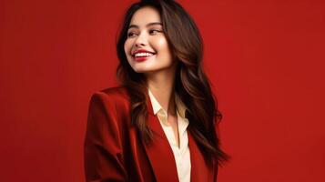 AI generated asian woman in business suit with red background, ai photo