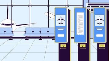 kolla upp i flygplats terminal plan linje tecknad serie animation. avresa väntar vardagsrum Nej människor 4k video rörelse grafisk. själv service maskin för biljetter 2d linjär animerad scen på färgrik bakgrund