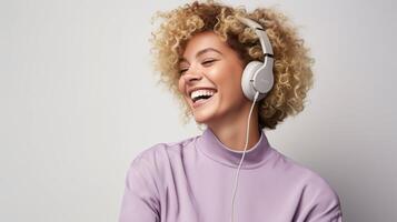 ai generado mujer vistiendo auriculares y sonriente foto