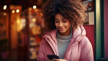 AI generated Woman in Pink Jacket Using Cell Phone photo