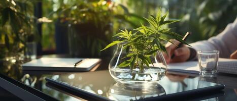 AI generated Person Sitting at Table With Vase Plant photo