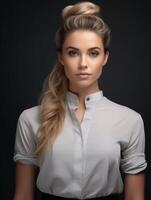 AI generated Woman With Long Blonde Hair in Shirt photo