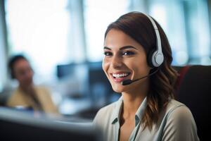 AI generated Smiling Woman in a Call Center Wearing Headset photo